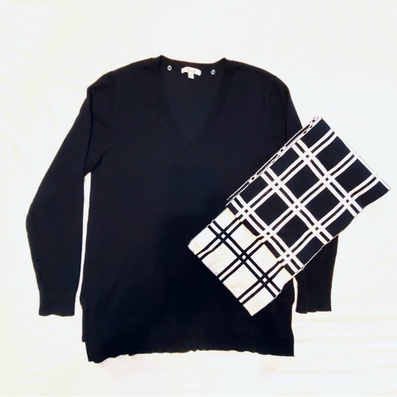 5/$15💥 Rayon Sweater Deep V-Neck Tunic Length & Plaid Scarf Set Fall Winter - Picture 2 of 8